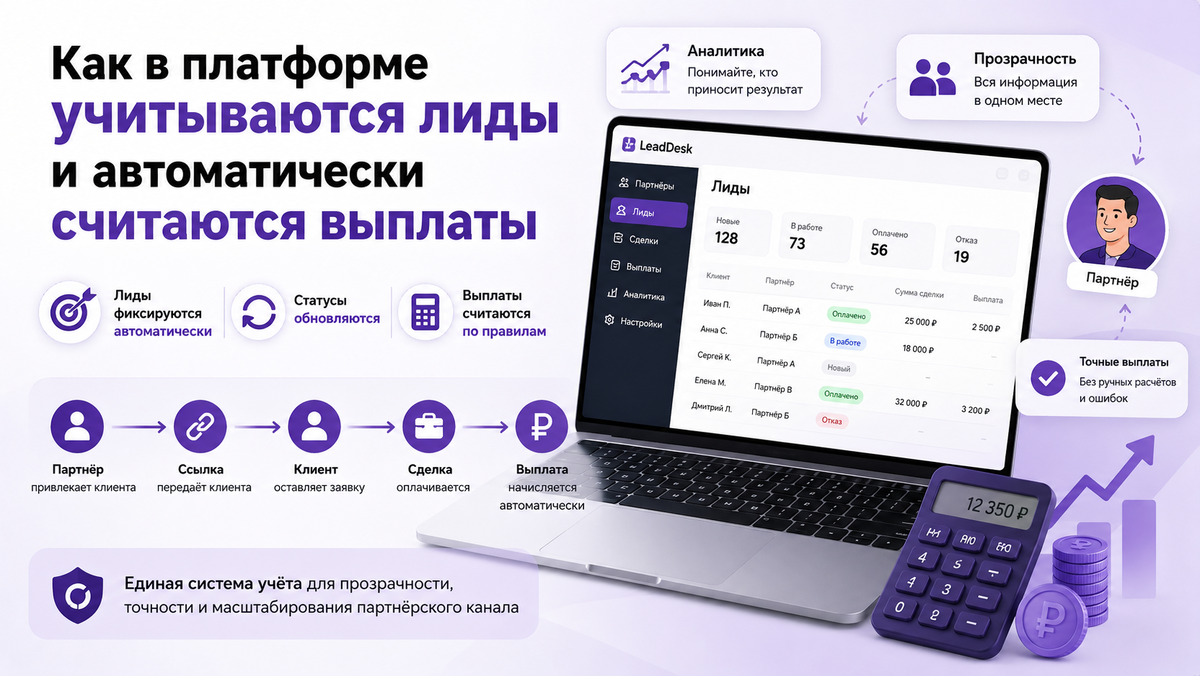 Лиды, статусы и выплаты фиксируются автоматически — без таблиц, ручных пересчётов и потери данных.