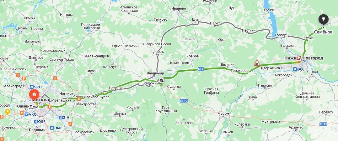 Маршрут Москва -Семенов Нижегородской области