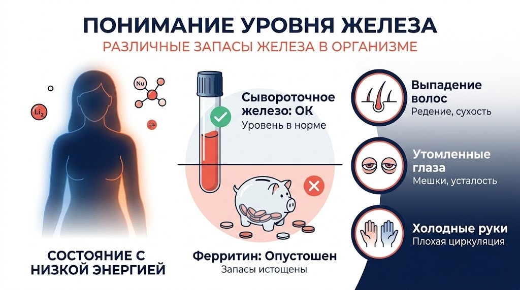 По ряду международных рекомендаций оптимальный уровень ферритина для взрослой женщины начинается примерно с 30 нг/мл