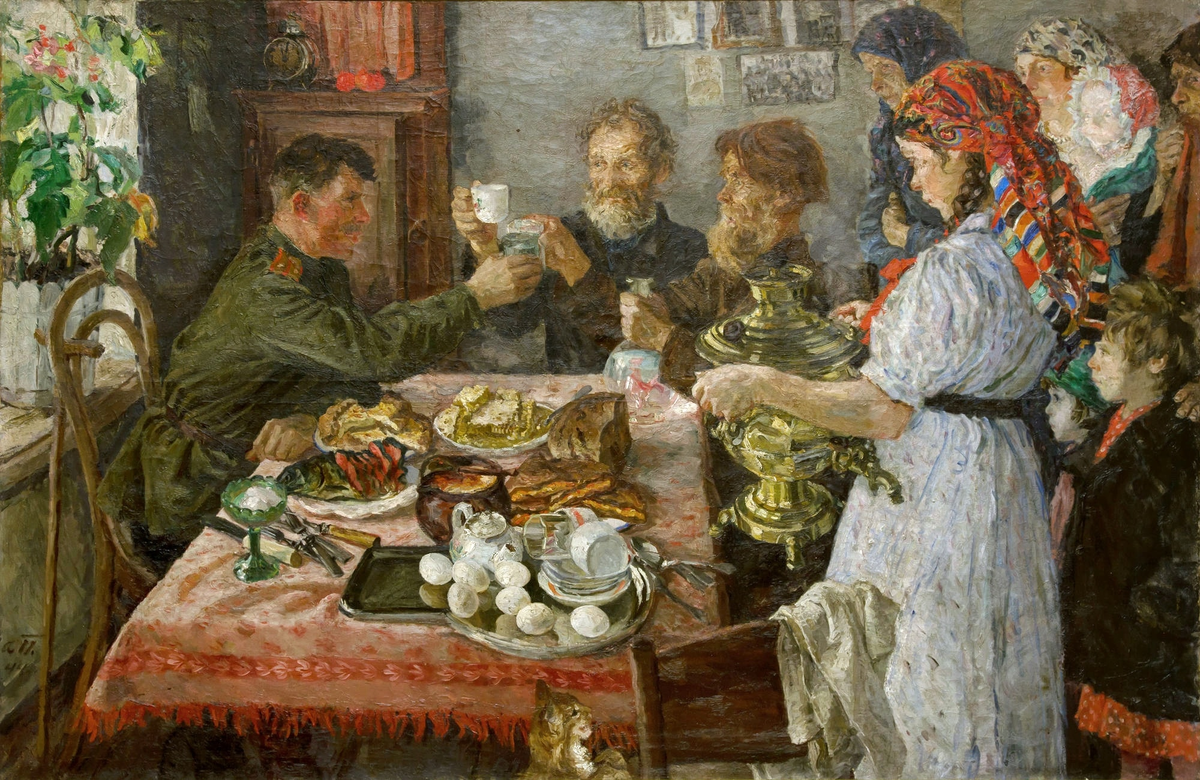 "Гость с фронта", 1944 год. Холст, масло 120 x 183 см. Смоленская художественная галерея. Пластов Аркадий Александрович