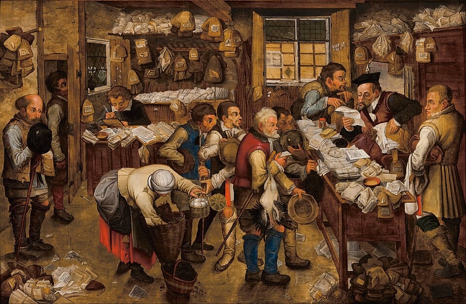 Питер Брейгель Младший: Деревенский адвокат или Налоговая служба. 1615.  Картина демонстрирует интерес художника к деревенской жизни и пристальное внимание к ней. 