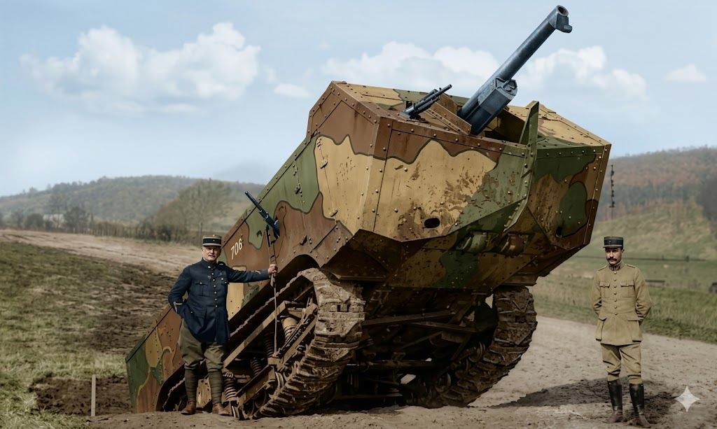 Танк Saint-Chamond на испытаниях, собственной персоной. Фотография обработана с помощью нейросети.