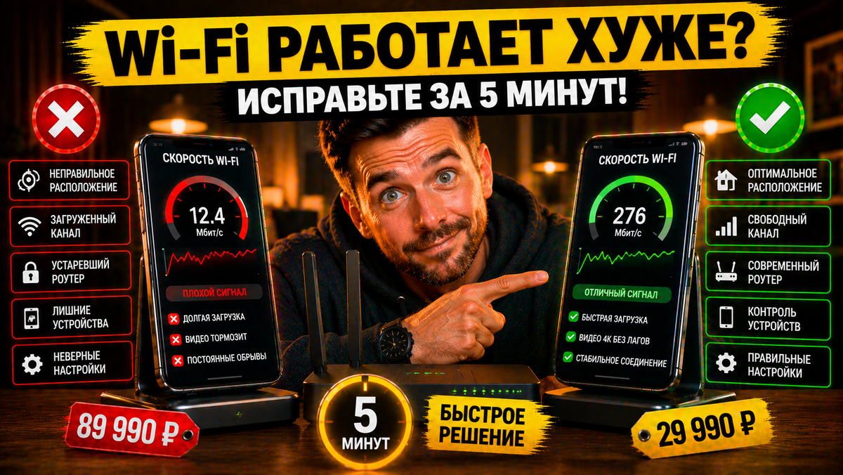 Wi-Fi дома работает хуже, чем у соседей: инфографика с 5 быстрыми способами исправить (роутер, канал, перезагрузка). Улучшите скорость интернета за 5 минут на TP-Link, Xiaomi. Иллюстрация для статьи о слабом Wi-Fi.