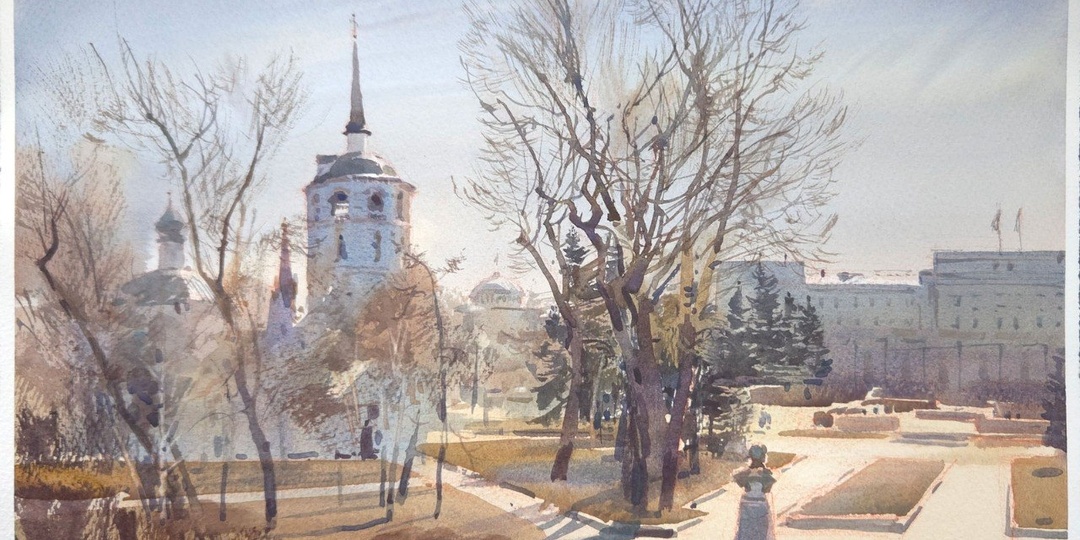 20260402 Сквер у Вечного Огня, Иркутск / Square near the Eternal Flame, Irkutsk / 28x38 / Watercolor Plein air painting