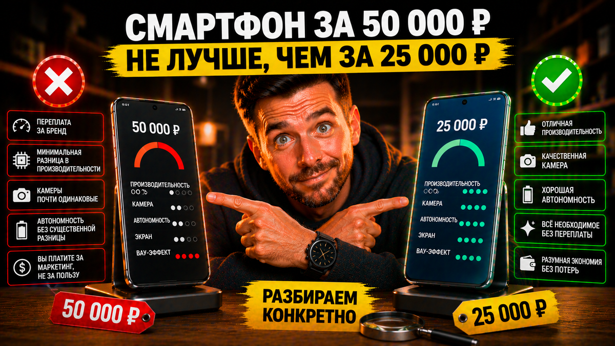 Почему смартфон за 50 000 рублей не лучше, чем за 25 000: сравнение характеристик, камер и производительности. Разбираем переплату и реальные отличия на примере Xiaomi, Samsung и других.