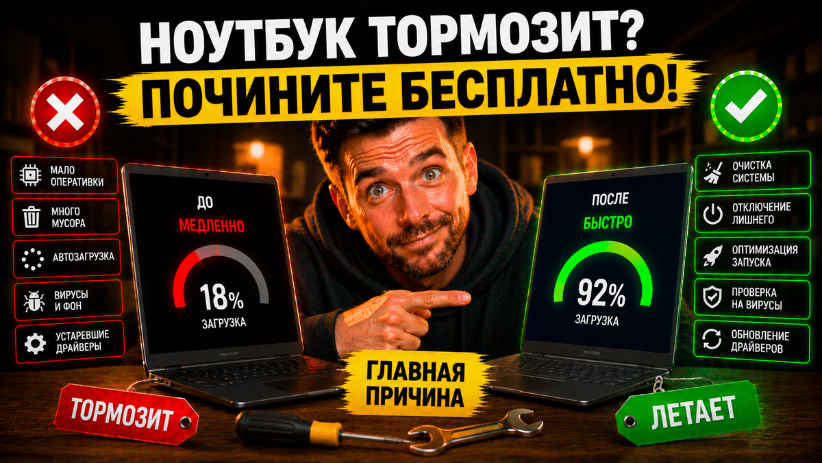 Ноутбук тормозит через год: главная причина — перегрузка системы и автозапуск. Как бесплатно ускорить Windows, очистить память и вернуть скорость на ноутбуках ASUS, Lenovo, HP.