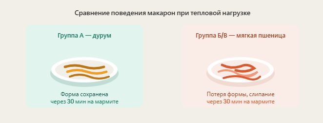 Поведение макарон группы А и группы Б/В при длительной тепловой нагрузке — наглядная разница для условий HoReCa
