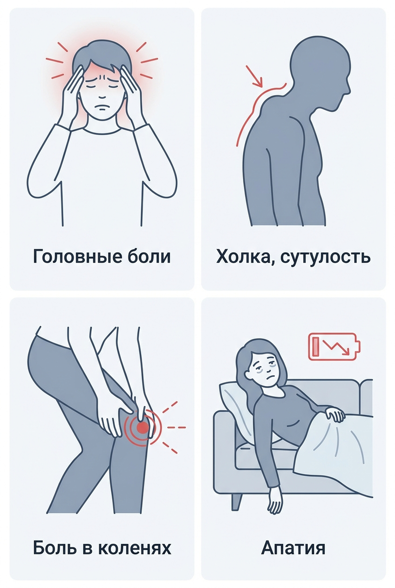 Головные боли напряжения, холка на шее, сутулость, боль в коленях, судороги в ногах, апатия — типичные признаки проблем по поверхностной задней линии.