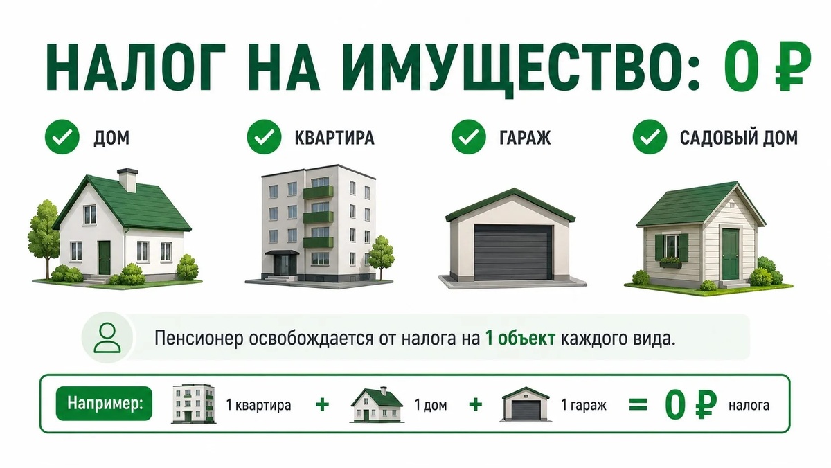 Пенсионеры освобождаются от налога на имущество: одна квартира, один дом, один гараж и одна хозпостройка до 50 кв.м.