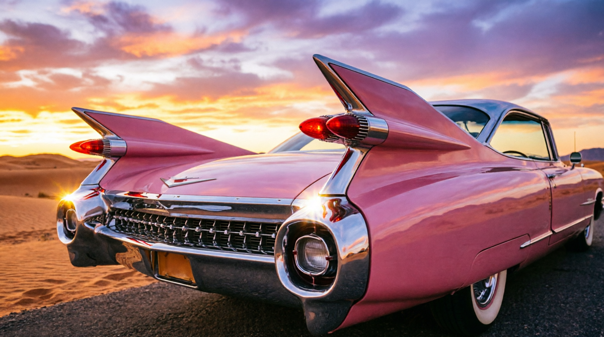 Легендарный розовый Cadillac Eldorado Biarritz 1959 года сзади в лучах заката над пустыней Невада