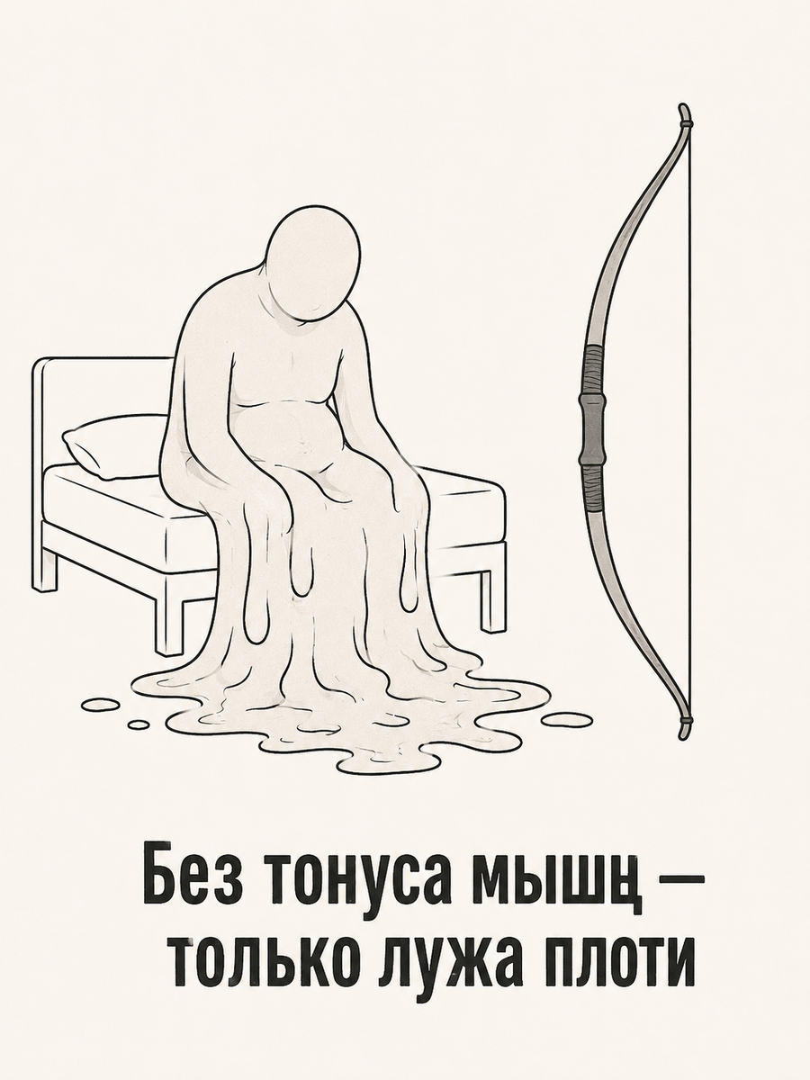 Схематичный человек на кровати, расплывающийся вниз, как восковая фигура. Рядом — упругая тетива лука. Подпись: «Без тонуса мышц — только лужа плоти»