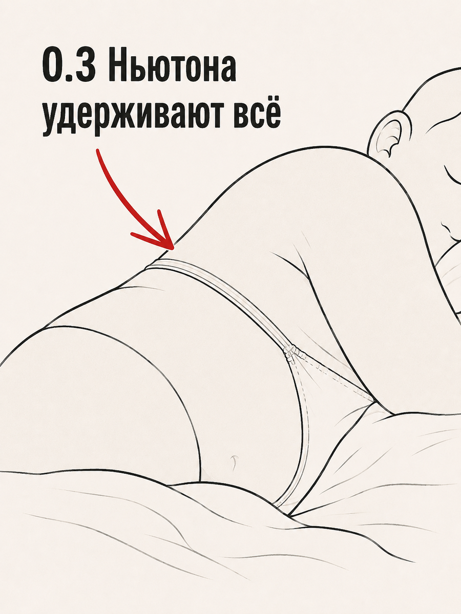Крупный план — натянутая резинка от трусов на боку спящего. Стрелка: «0.3 Ньютона удерживают всё»