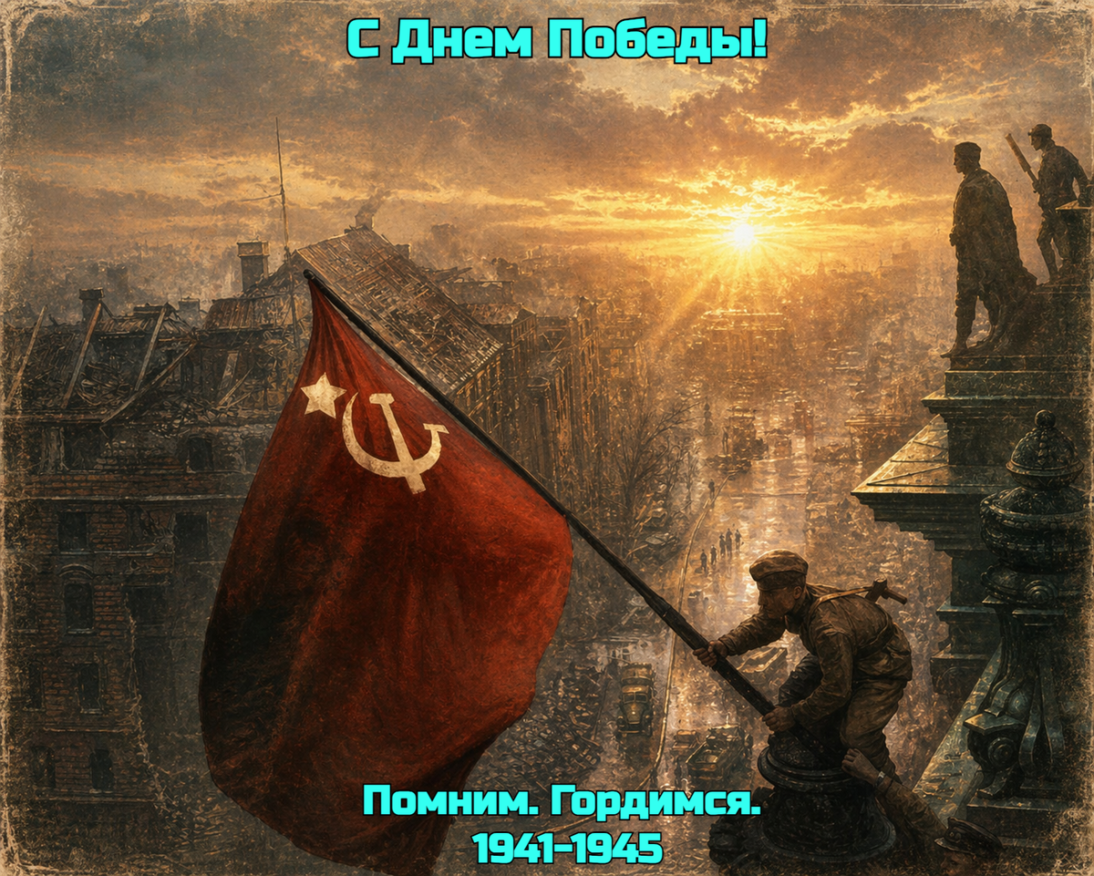 Открытка создана «Известиями» Ретро-картинка со Знаменем Победы