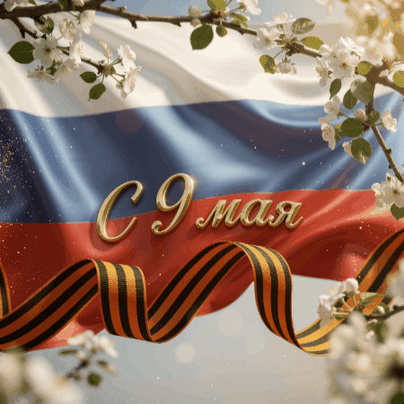 Открытка создана «Известиями»
Яркая гифка с российским флагом: патриотичное поздравление с 9 Мая 2026