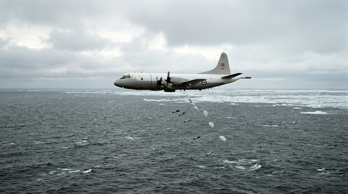 Норвежский P-3B Orion сбрасывает гидроакустические буи над Баренцевым морем, сентябрь 1987 года