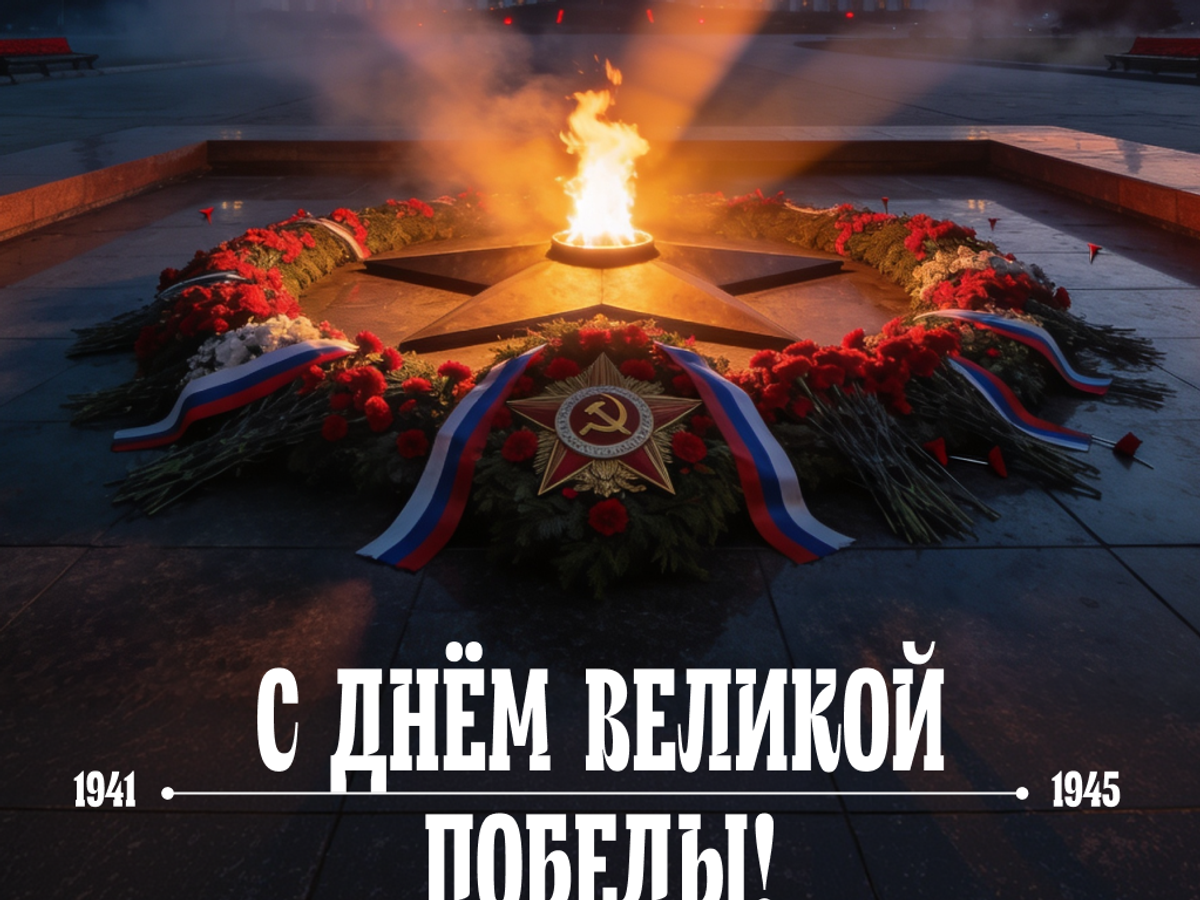    Картинка-поздравление с 9 Мая с Вечным огнем, который никогда не погаснет, как и память о бессмертном подвиге народа | © Открытка создана РИА Новости