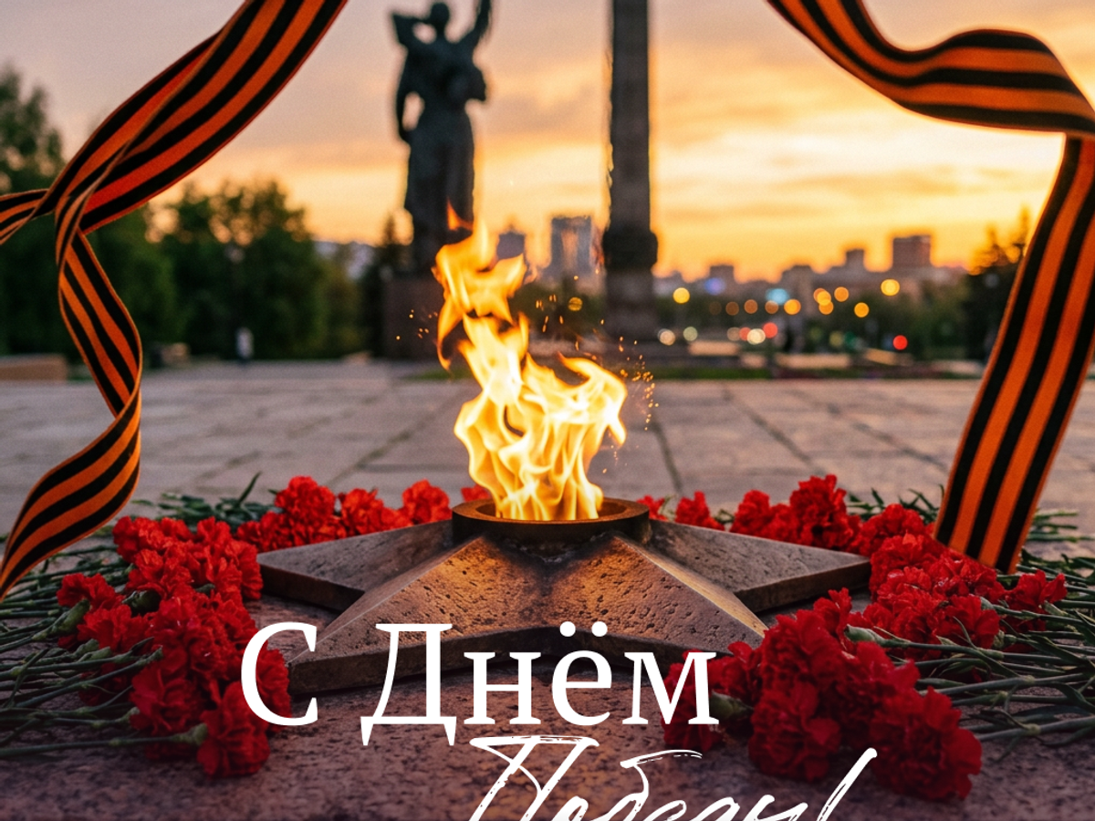    Картинка с Днем Победы с Вечным огнем — огонь памяти согревает сердца, объединяя поколения победителей | © Открытка создана РИА Новости