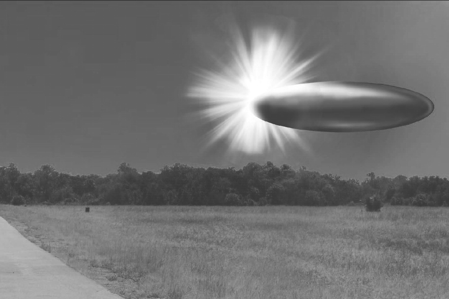 Реальная фотография места с наложенной визуализацией, выполненной Лабораторией ФБР, изображающей подтверждающие свидетельские показания от сентября 2023 года о предполагаемом эллипсоидном бронзовом металлическом объекте, материализовавшемся из яркого света в небе, длиной 130–195 футов и мгновенно исчезнувшем. 2024-04-30 Composite Sketch
