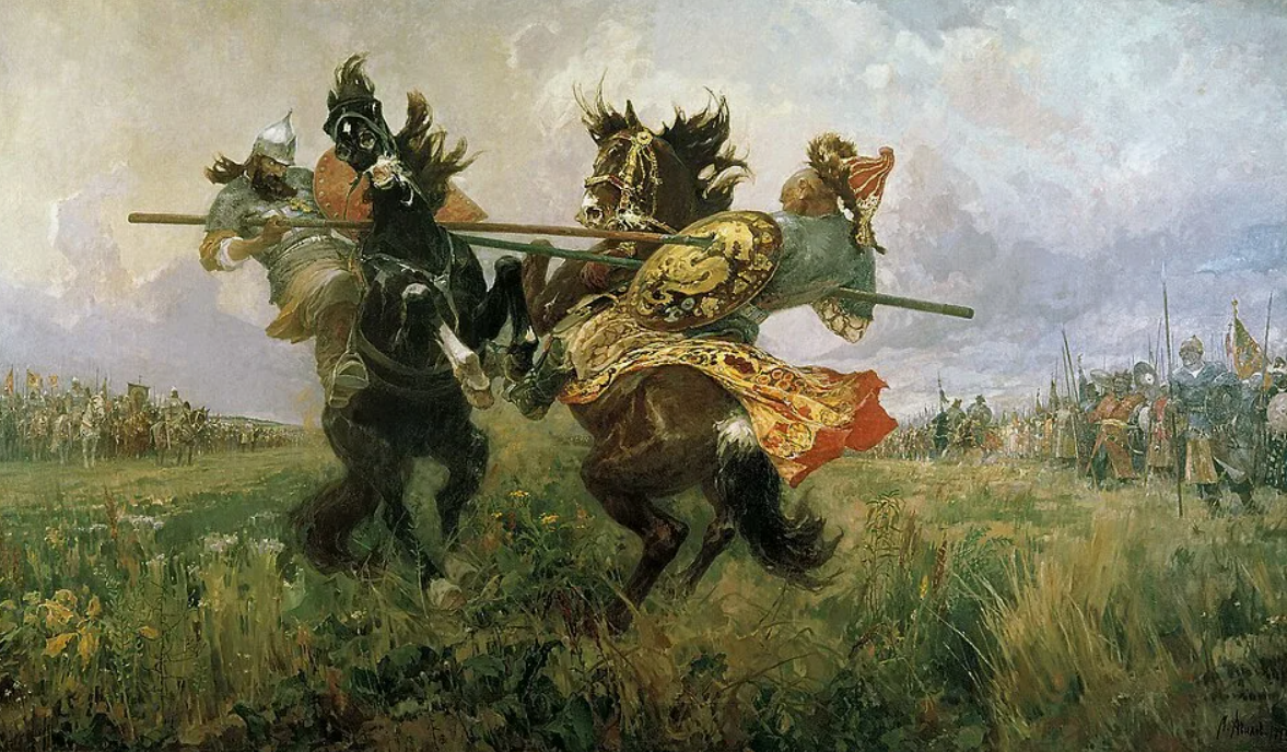 Поединок Пересвета с Челубеем. Первое действие в битве, после прочтения статьи поймете. Оба воина погибли, проткнув друг друга копьями.