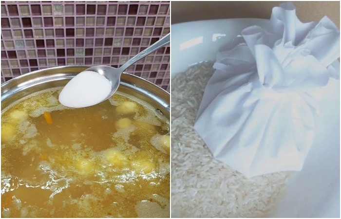 Опустите в суп мешочек с рисом