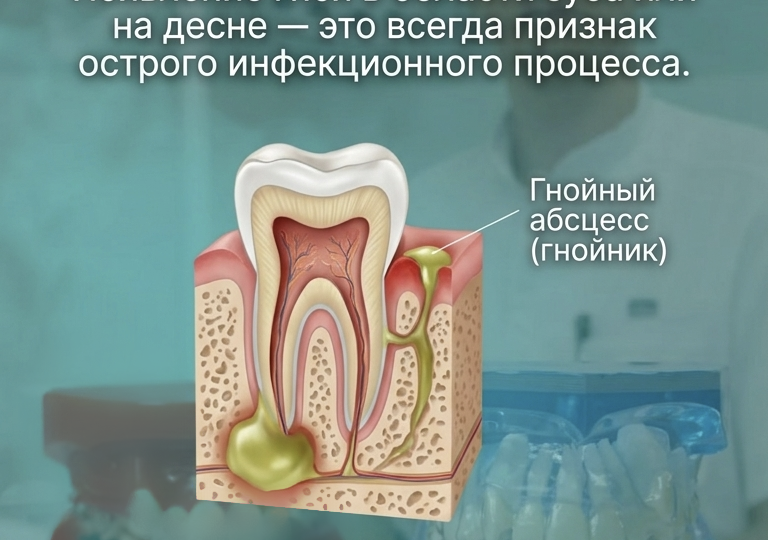Появление гноя в области около зуба.