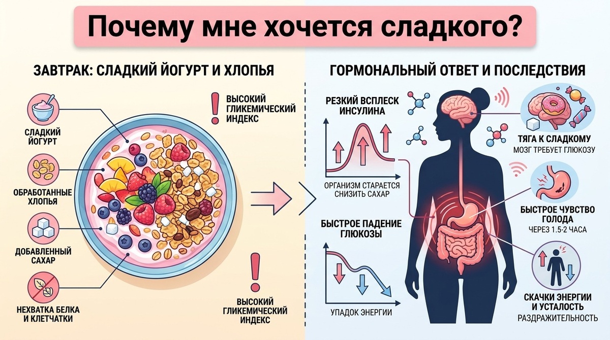 Женщина боится поправиться и выбирает „что-то лёгкое". Утром это сладкий обезжиренный йогурт, иногда яблоко, иногда кофе