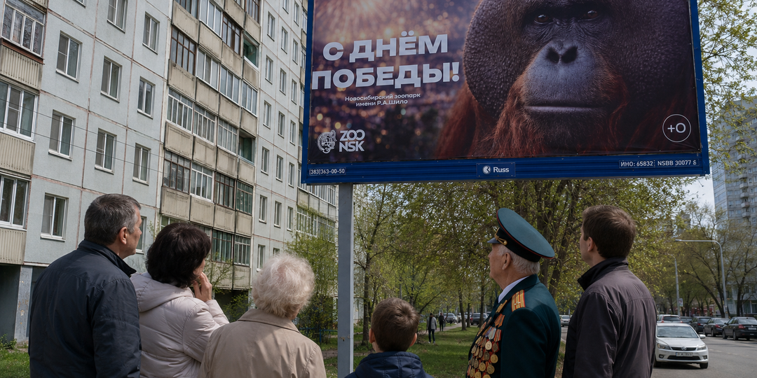 «Совсем офонарели!»: в Новосибирске власти поздравили горожан с 9 Мая баннером с обезьяной.