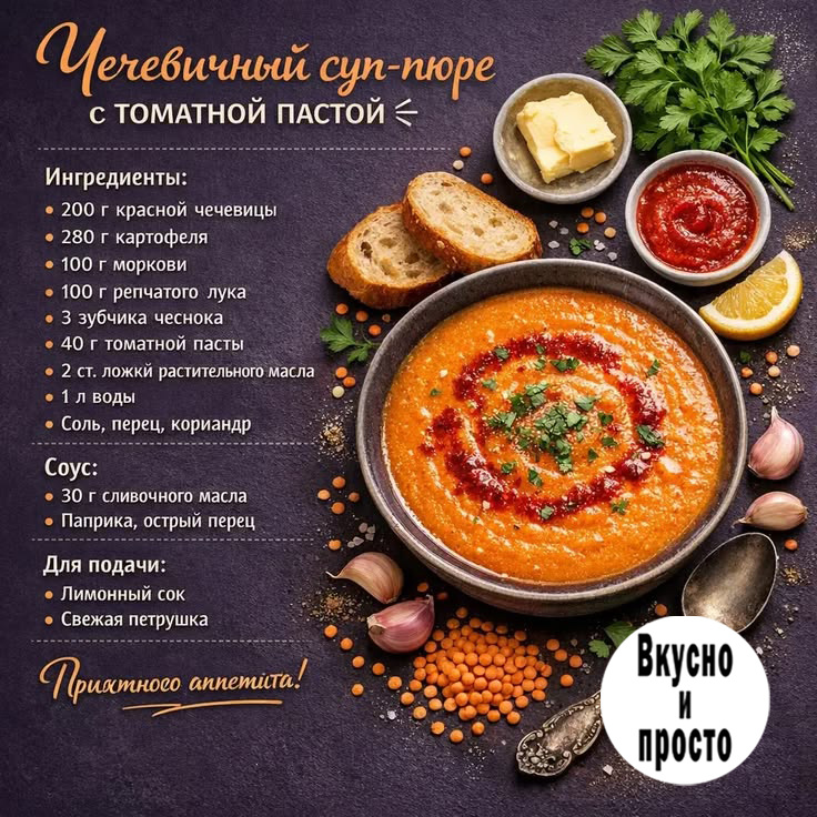 🍲 Привет, друзья! Сегодня готовим согревающий чечевичный суп-пюре с томатной пастой!