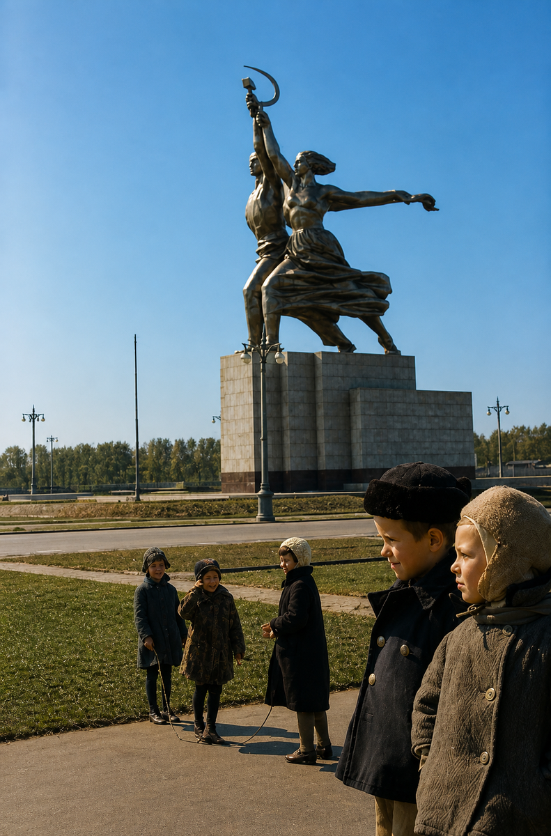 Всесоюзная сельскохозяйственная выставка. Дети у скульптуры «Рабочий и колхозница». Москва, 1940 год. Евгений Халдей