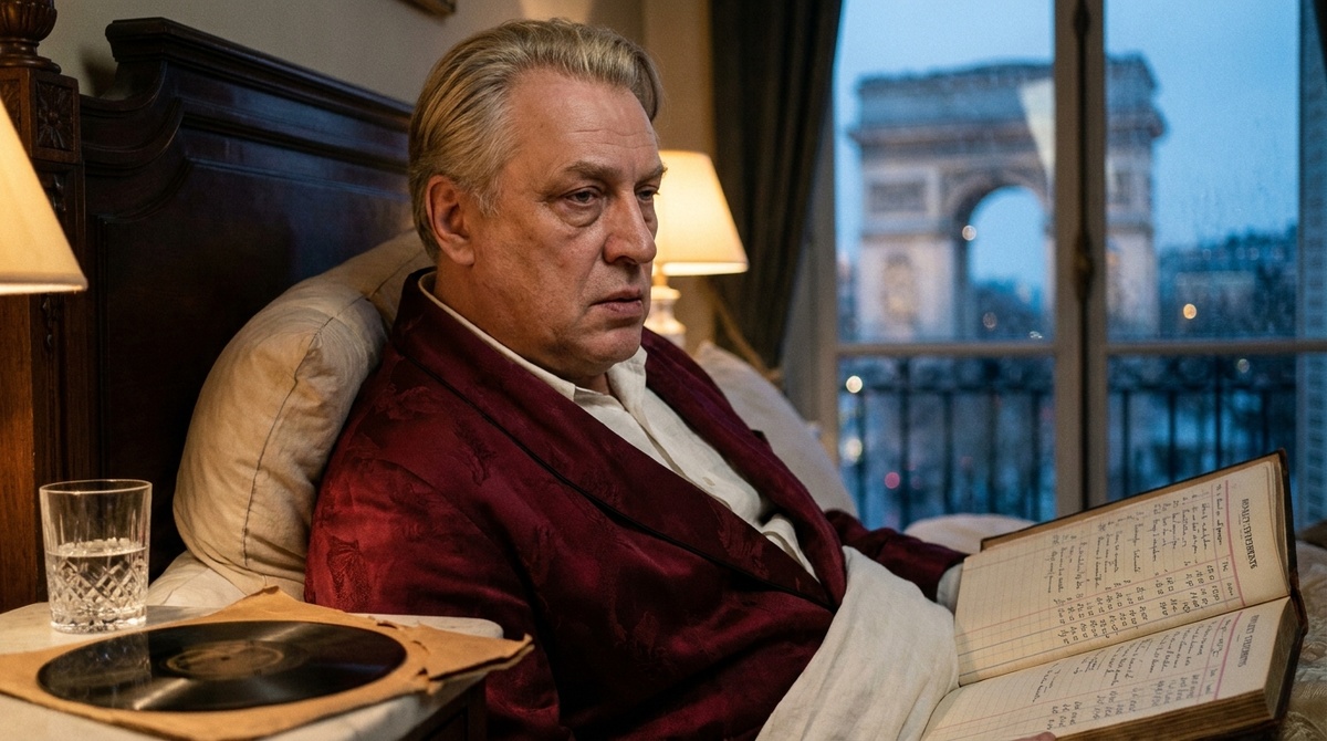 Шаляпин с томами гонорарных ведомостей Victor у кровати в парижской квартире на авеню д’Эйло, 12 апреля 1938 года