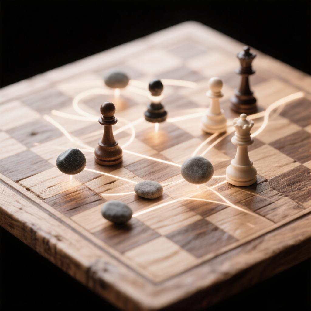 Композиция шахматных фигур и камней для игры в ГО