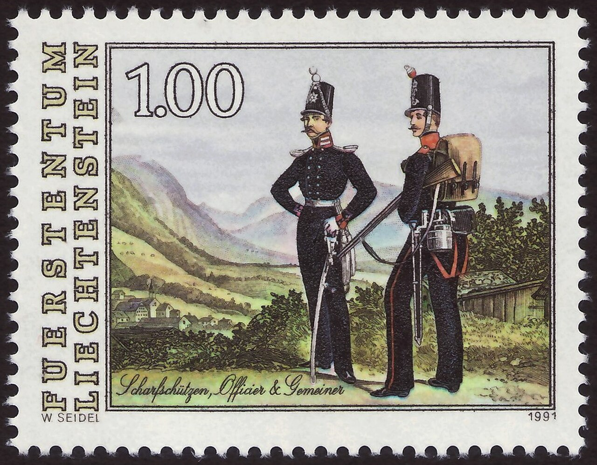 Солдат и офицер армии Лихтенштейна. Почтовая марка 1991 года. Оригинал по ссылке:https://commons.wikimedia.org/wiki/File:LIE_1991_MiNr1022_mt_B002.jpg