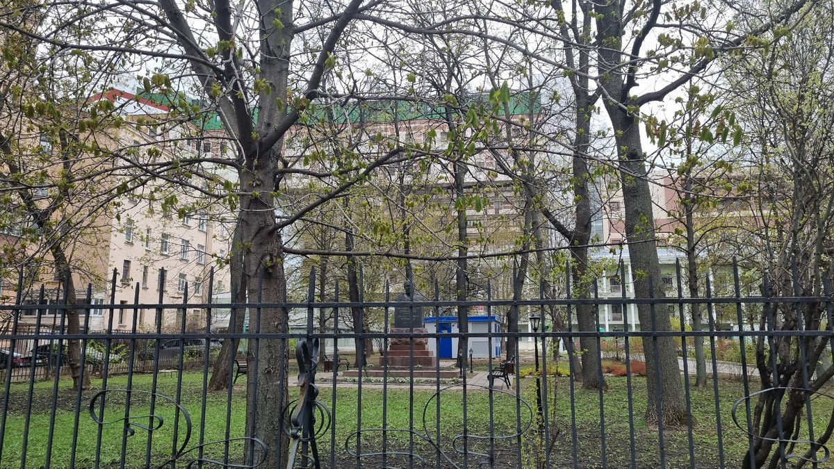 Забор, деревья, корпуса и бюст самого Бурденко