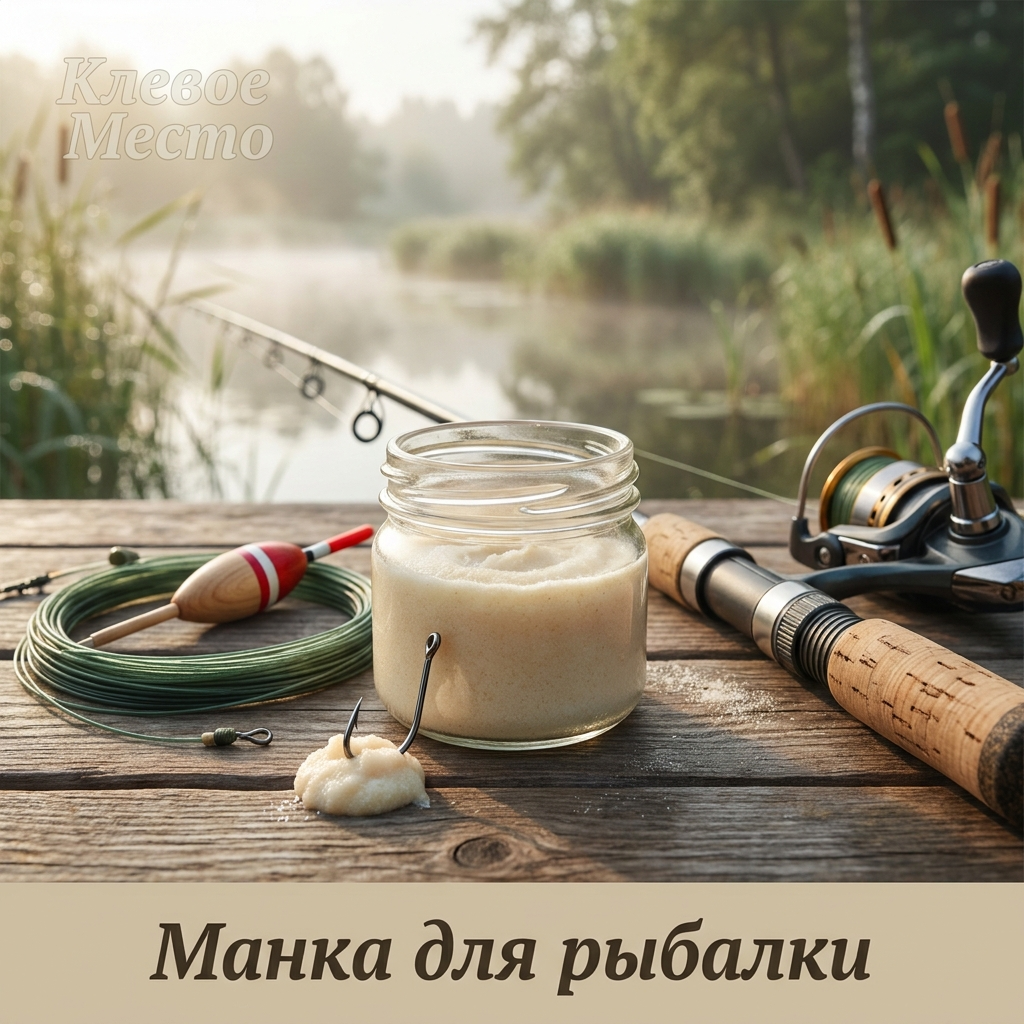 Манка для рыбалки в баночке рядом с крючком и поплавком