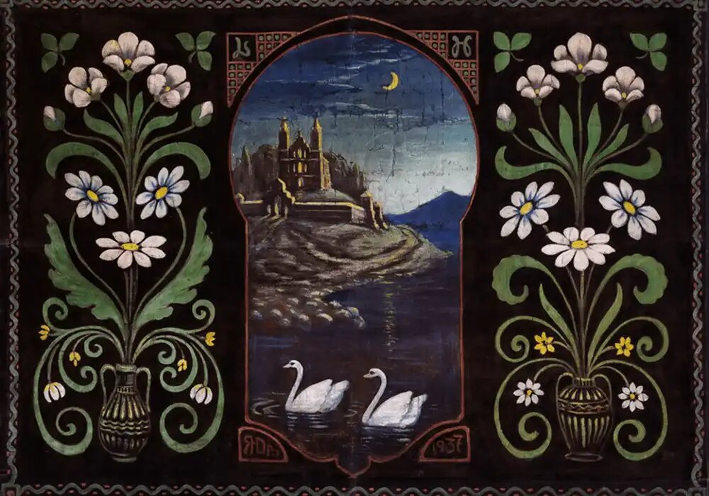 оврик с замком над озером «Ноктюрн». 1937 г. Холст, масло. Источник: https://clc.li/NMRlo