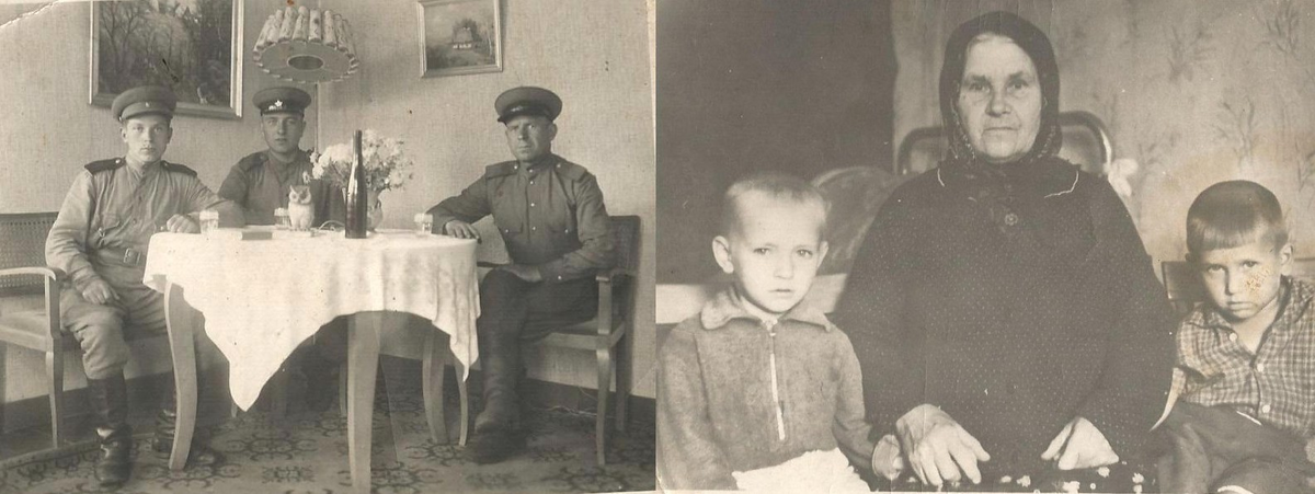 На фотографии: в центре — сын Агафьи Ивановны и мой крёстный отец, Иван Матвеевич Кузнецов. Снимок сделан где то в Европе. Агафья Ивановна с внуками.
К сожалению, хорошего фото Петра Матвеевича не сохранилось — осталось только такого качества, что без увеличительного стекла рассмотреть сложно.