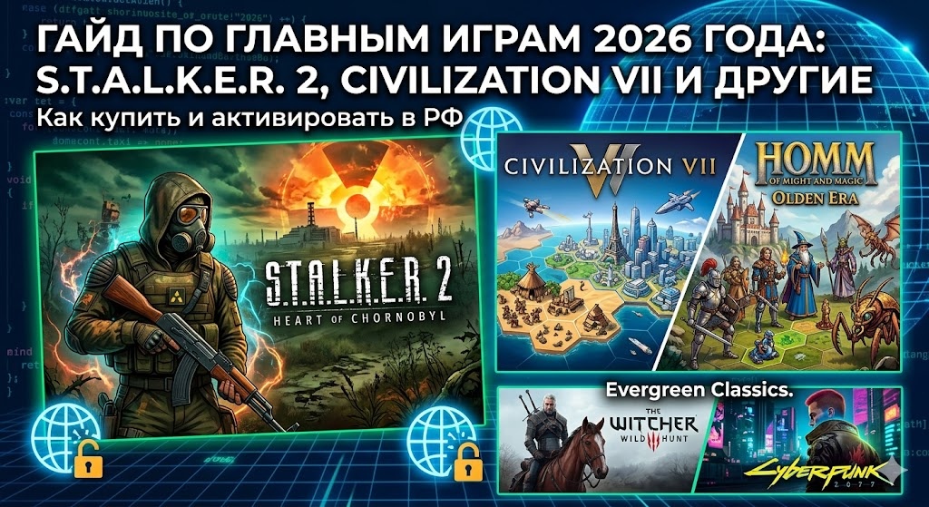 Главные игровые релизы 2026 года и способы их покупки в России. Взгляд на S.T.A.L.K.E.R. 2, Civilization VII, Heroes of Might and Magic: Olden Era, а также классику — The Witcher 3 и Cyberpunk 2077