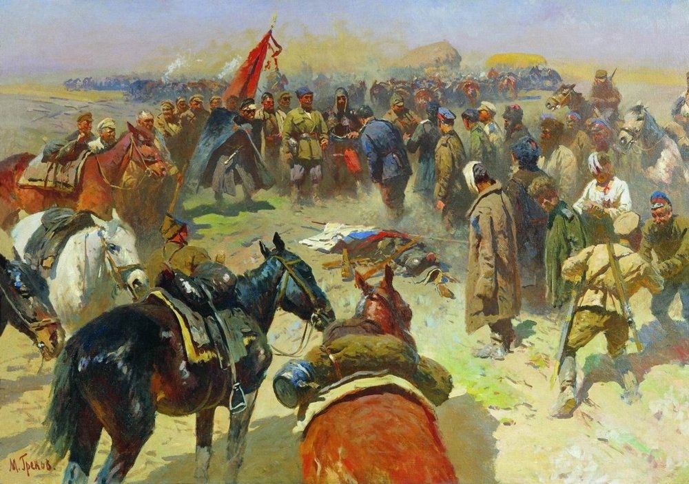 Картина Митрофана Грекова (1933) "Разоружение деникинцев". Красное знамя против поверженного на земле белогвардейского триколора