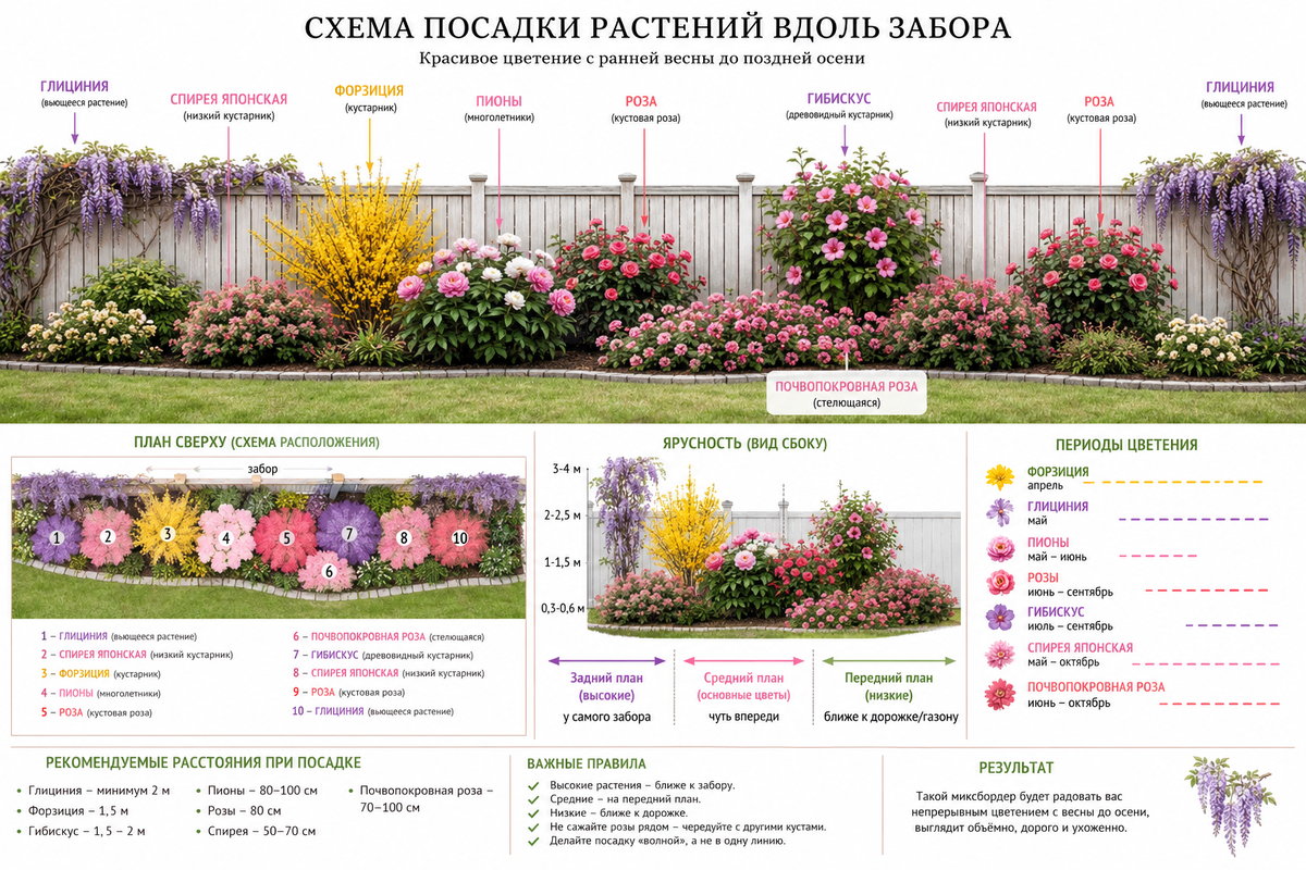 вот так выглядит  посадка  растений вдоль  забора