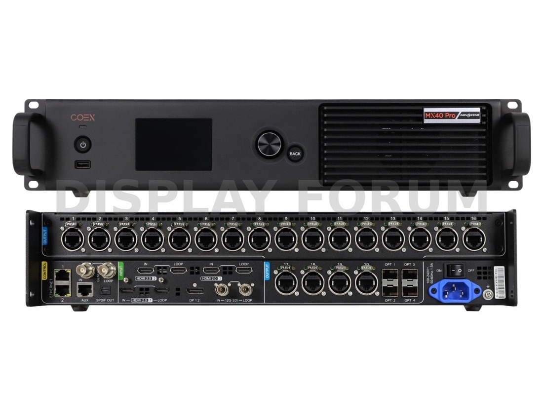 Флагманский видеопроцессор NovaStar MX40 Pro закрывает светодиодный экран до 9 миллионов пикселей в формате 4K. Корпус 1U, 20 портов RJ45, 4 канала 10G OPT и обработка 12 бит. Работал на церемониях Олимпиады в Париже 2024.