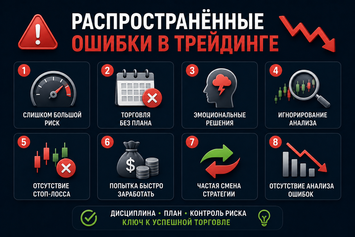 Распространённые ошибки в трейдинге: эмоции, риск-менеджмент, стоп-лосс и причины, почему новички теряют депозит