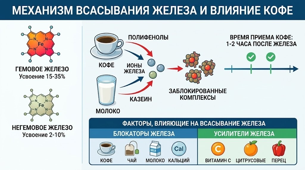  кофе и железо разводим во времени минимум на час, а лучше на два