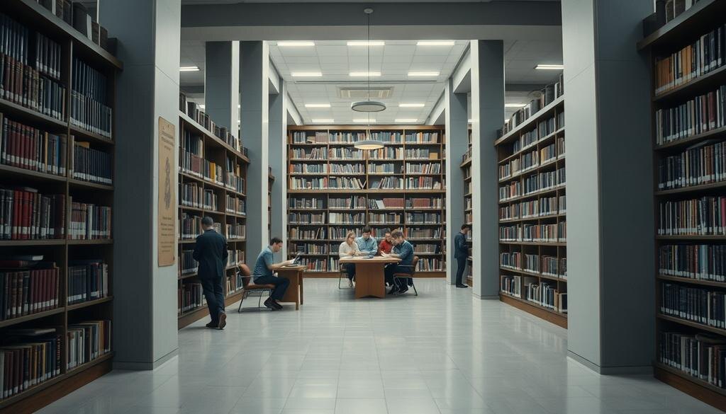    Изображение интерьера советской библиотеки, заполненной рядами книжных полок, где люди тихо читают и ищут информацию, подчеркивая библиотеку как центр знаний.