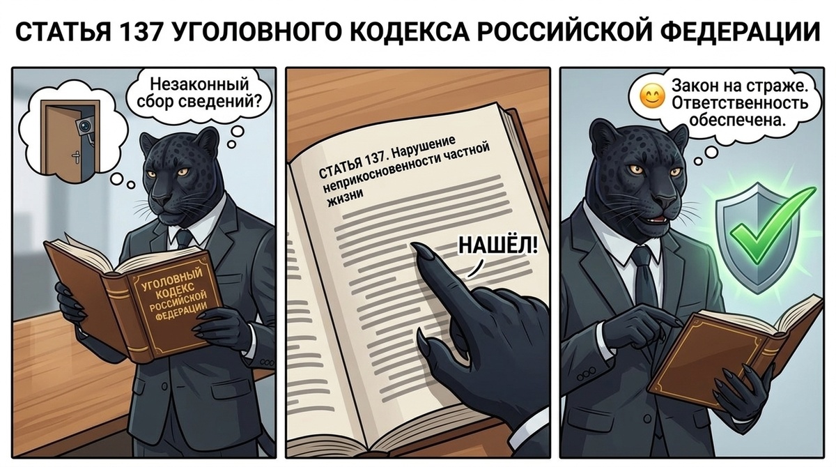 Пантера стоит, держит раскрытую книгу с заголовком УК РФ, лапа указывает на статью 137.