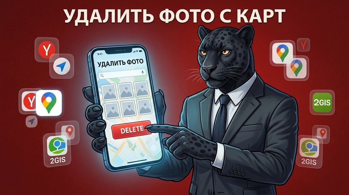 Пантера держит смартфон с картой и нажимает кнопку удаления, на фоне значки геосервисов.
