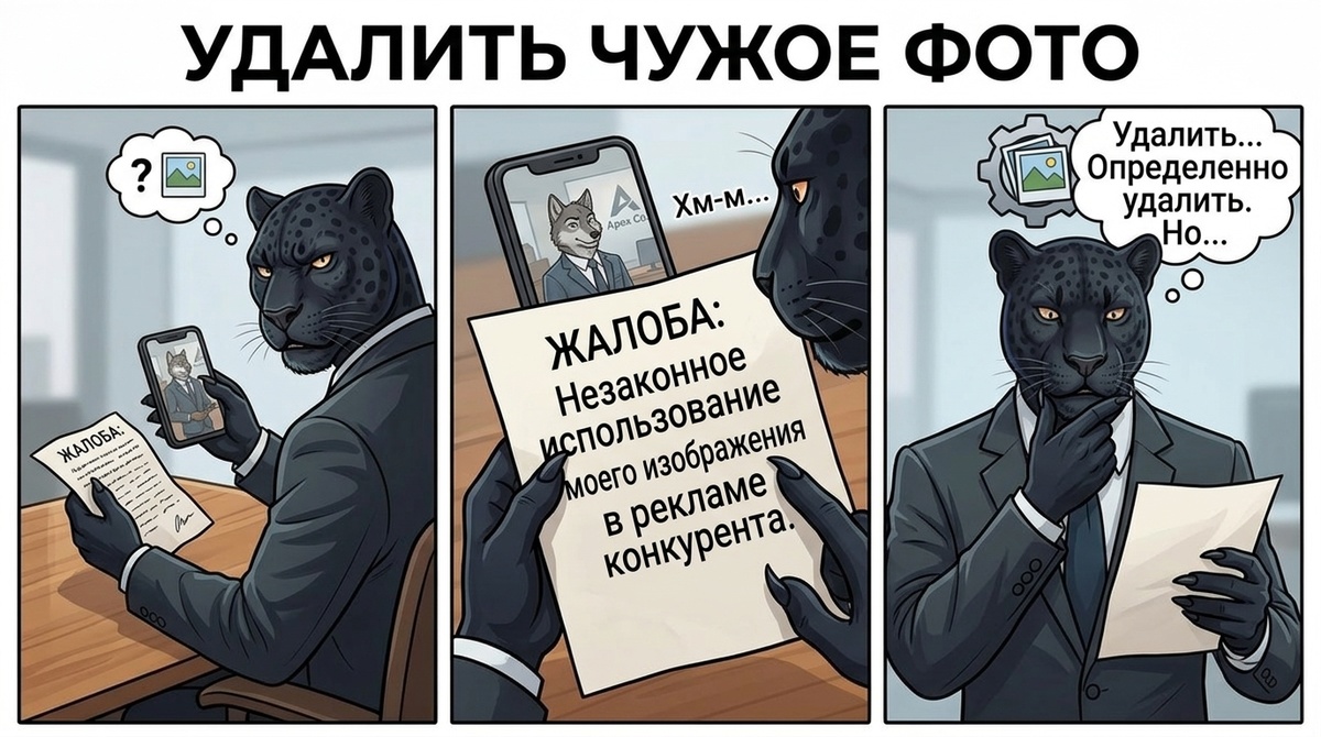 Пантера смотрит на смартфон с чужим фото, в другой лапе держит лист с жалобой.
