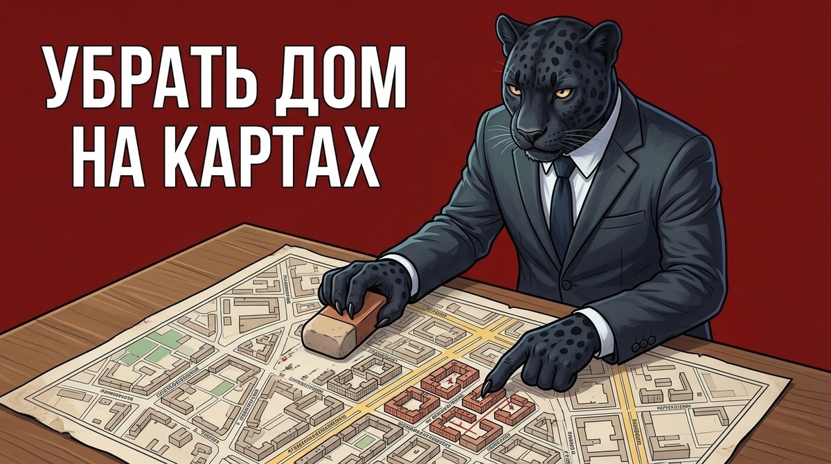Пантера с кистью в лапе указывает на развернутую карту города на столе, готовясь замазать дом.