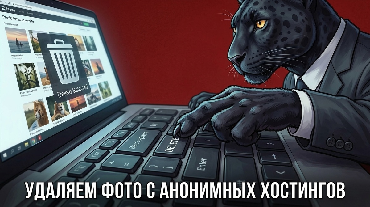 Пантера в очках сидит за ноутбуком, лапа нажимает клавишу Delete, на экране значок корзины и логотипы Imgur, ImgBB, PostImg.