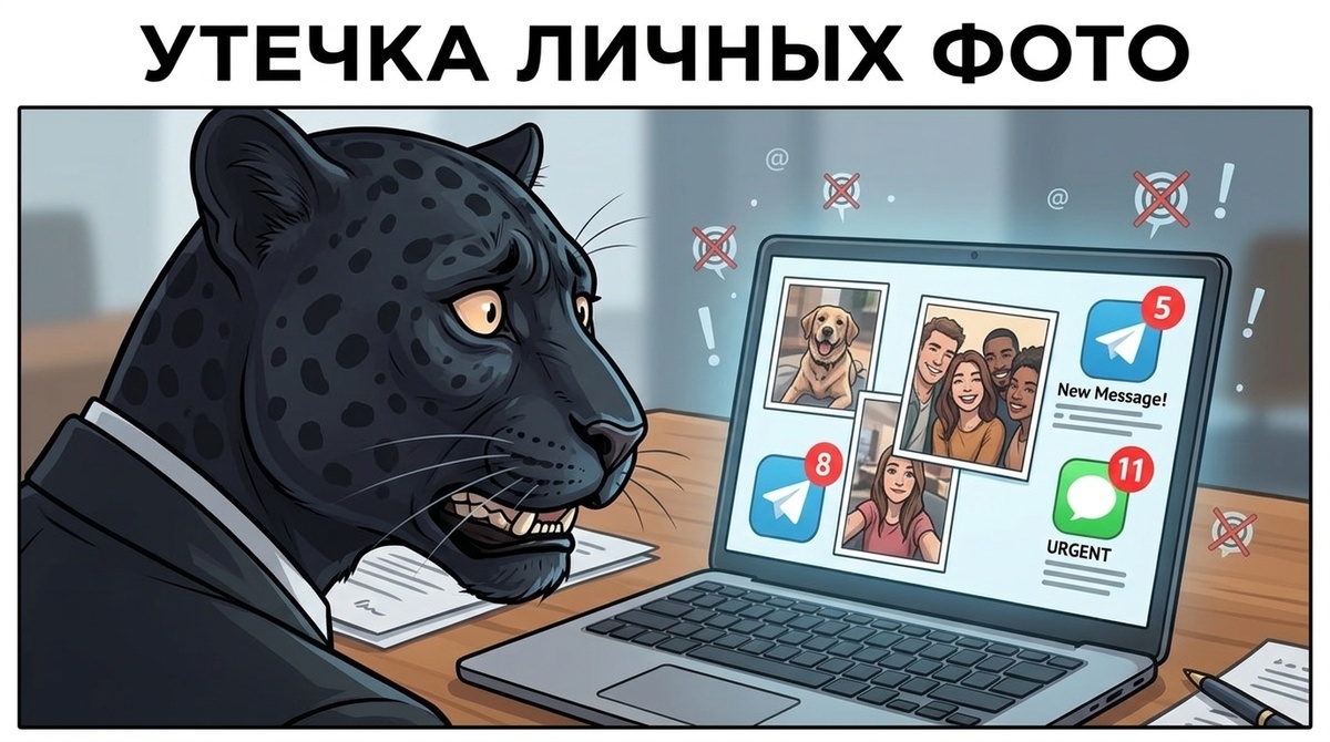 Пантера с испуганным взглядом смотрит на экран ноутбука, на котором видны её фотографии и значки мессенджеров.