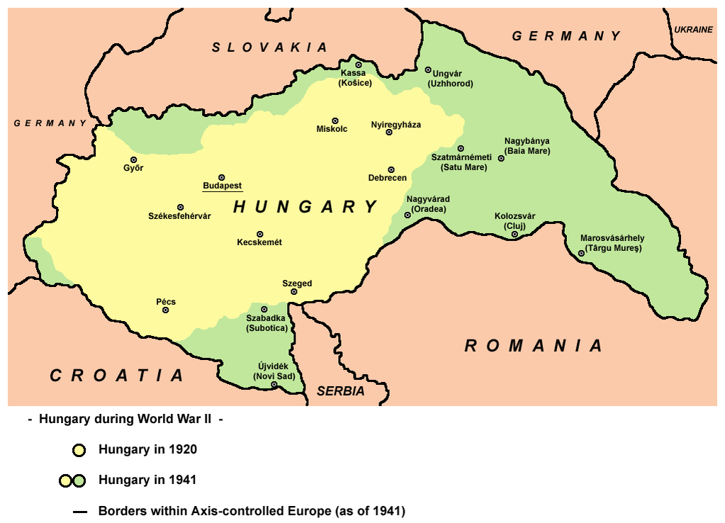 Карта Венгрии (жёлтый — Венгрия в 1920; зелёный — Венгрия в 1941)